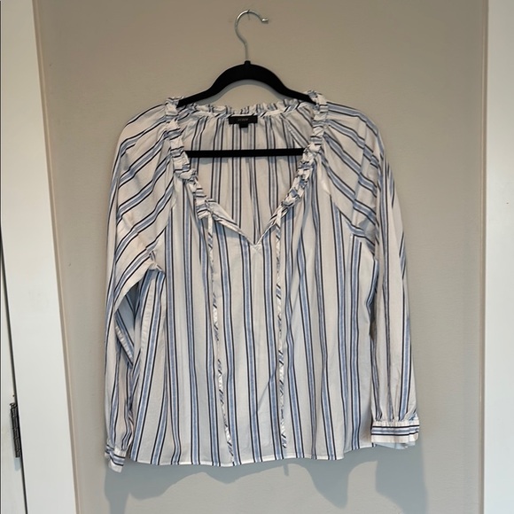 J. Crew Tops - J. Crew White and Blue Puff Sleeve Cotton Ruffled Blouse - Medium
